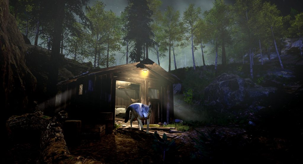 A screenshot of the game 'The Gold River Project'. A wolf is depicted exiting a cabin in the woods of the Pacific Northwest.