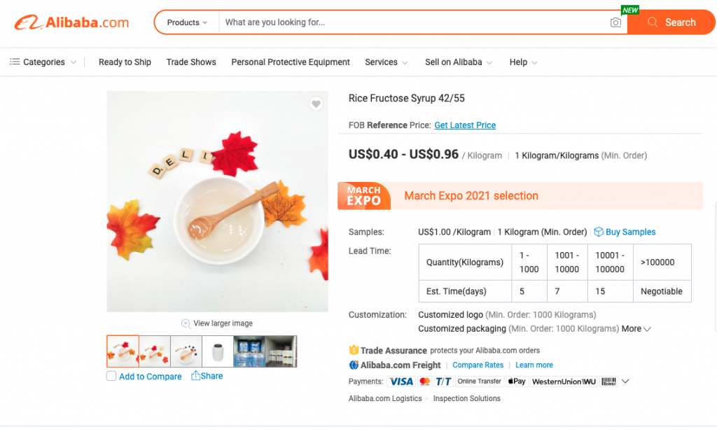 alibaba online marketplace ad for sugar syrups