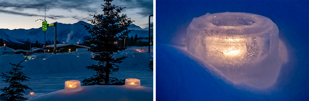 a side-by-side image of ice lanterns with tea lights glowing inside
